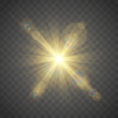 Fototapete - Soft sun rays and glowing lens flares. Transparent light bursts and sparkles shine with natural brilliance. Vector design element with warm glow and blur effects.