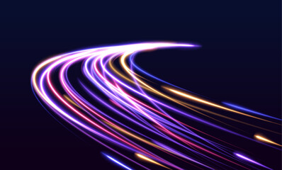 Poster - Vibrant neon waves on dark backdrop, ideal for modern design projects. Neon color glowing lines. Electric car and city concept Hitech communication concept innovation background, vector design.	