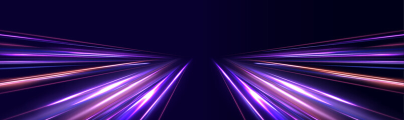 Fototapete - High-speed light trails effect. Vector glitter light fire flare trace. Panoramic high speed technology concept, light abstract background.	