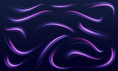 Aufkleber - A large set of low-poly designs made of thin lines in the form of branches, spirals and arcs. Expressway, car headlight effect. Speed connection vector background.	
