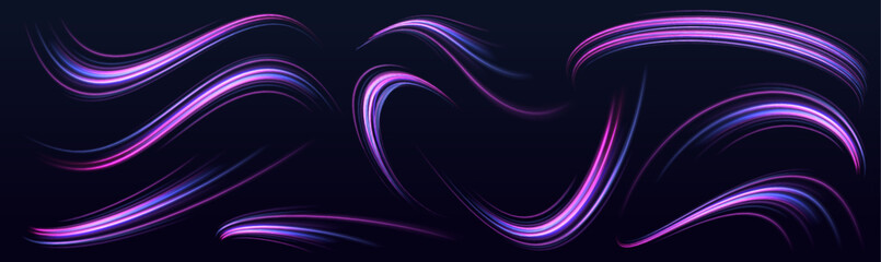 Poster - Rotating dynamic neon circle. Colored shiny sparks of spiral wave. Expressway, the effect of car headlights. Night motorway with light effects in neon colors purple.	