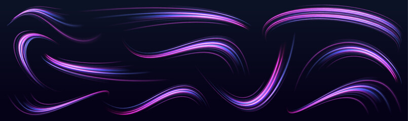 Fototapete - Set of glowing speed spirals on dark background for your neon design. Abstract vector fire circles, sparkling swirls and energy light spiral frames.	