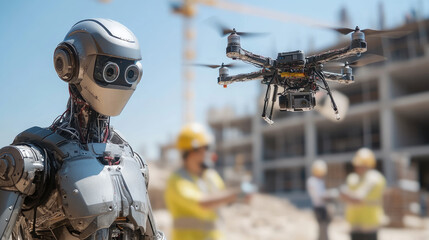 Poster - AI robot inspects construction site with drone alongside humans, robot working on construction site,banner. copy space