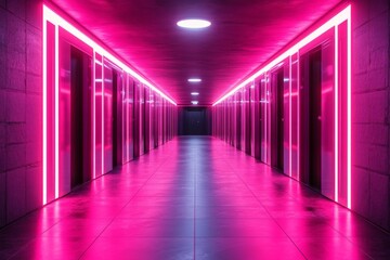 Poster - Neon-lit hallway in modern building with vibrant pink lights during night time showcasing sleek design elements