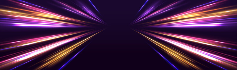 Leinwandbilder - Abstract neon stripes with drills, turns, and swirls in high-speed motion, depicting futuristic road movement and glowing blue-purple light trails.	