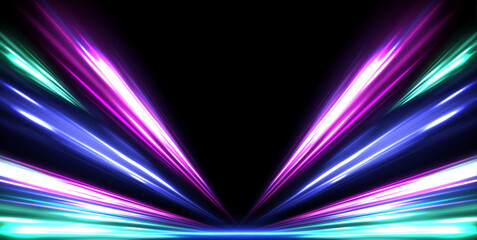 Fototapete - Panoramic high-speed technology concept with abstract light trails and glowing neon colors in blue, yellow, and orange, representing the rapid motion and energy in a futuristic environment.	