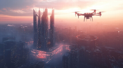 Poster - AI drone inspects and surveys futuristic building from above, banner. copy space.