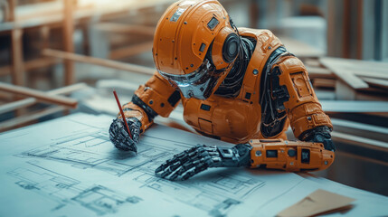 Poster - Advanced futuristic robot working on architectural blueprints at a construction site, demonstrating AI-driven engineering and automation. Close-up view. banner. copy space
