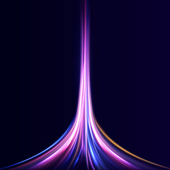 Fototapete - Light trail wave, fire path trace line, car lights, optic fiber and incandescence curve twirl. High speed road in night time abstraction. Sport car is made of polygons, lines and connected dots.	