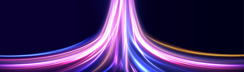 Fototapete - High-speed light line in the form of a road and a highway in a night city. Vortex streams of neon light. Energy flow tunnel. Blue portal, platform. Magic circle vector.	