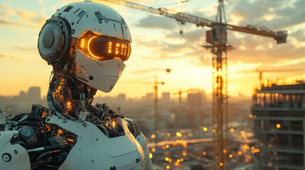 Poster - Futuristic robot working on construction site,banner. copy space