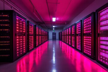 Poster - Vibrant server room illuminated with pink lights showcasing advanced technology infrastructure during nighttime