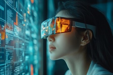 Poster - Woman wearing futuristic virtual reality headset exploring digital interface in a dark room at night