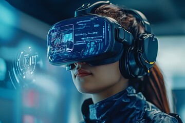 Aufkleber - Discovering virtual worlds through immersive technology in a futuristic setting during the evening