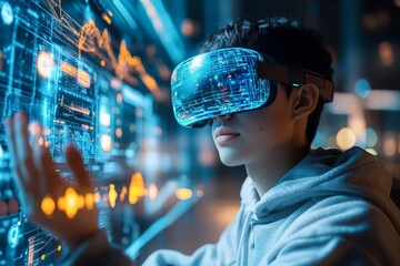 Aufkleber - Virtual reality experience at night with a young person exploring digital interfaces and immersive technology