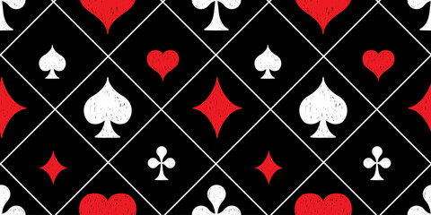 Seamless pattern with сrayon drawn poker card suits on black. Gambling game, casino symbol vector illustration. Great for textile, fabric, wallpaper, wrapping, scrapbook and packaging