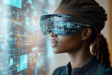 Poster - Innovative woman using augmented reality glasses to interact with digital data in a modern tech environment