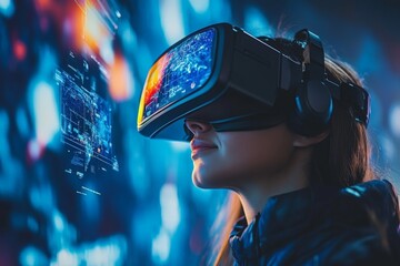 Poster - Young woman explores virtual reality in a futuristic environment with digital projections at night