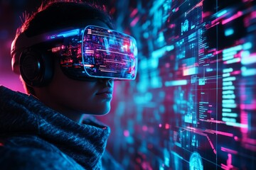 Aufkleber - Exploring virtual reality technology with immersive digital environments and vibrant graphics in a futuristic setting