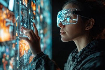 Poster - Futuristic woman interacting with holographic technology in a dark environment