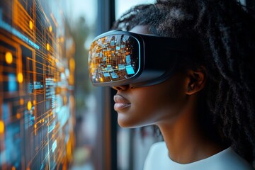 Aufkleber - Woman using virtual reality headset to explore digital environment in a modern setting