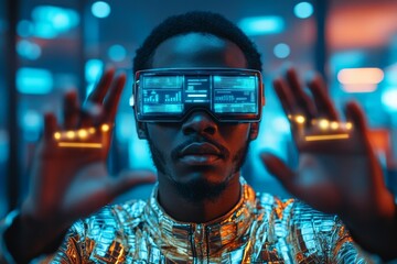 Aufkleber - Futuristic individual with high-tech glasses engaged in digital interaction in a vibrant city at night