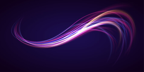 Fototapete - Vector dark blue abstract background with ultraviolet neon glow, blurry light lines, waves. Dynamic composition of bright lines forming lights path of speed movement, futuristic dark background.	