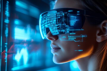 Fototapete - Innovative technology enhances vision as a woman explores digital interfaces in a futuristic environment