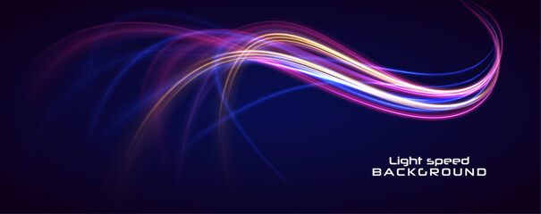 Poster - High tech lines, studio product, future cyberspace concept. Neon Color Blurred Motion On Speedway. Acceleration speed motion on night road. 
