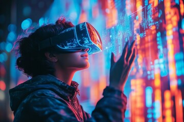 Aufkleber - Person explores immersive virtual reality with glowing digital interface at night in a futuristic cityscape