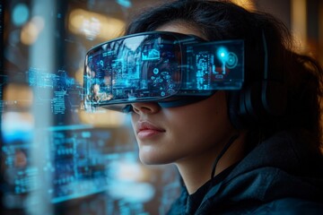 Aufkleber - Woman using virtual reality headset while immersed in a digital environment showcasing futuristic technology