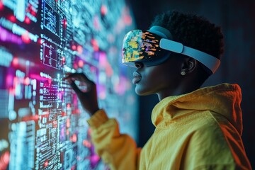 Poster - Innovative youth explores virtual reality in a high-tech environment surrounded by vibrant digital data