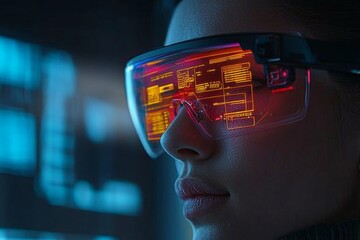 Aufkleber - High-tech glasses display data while a woman interacts with digital information in a futuristic environment