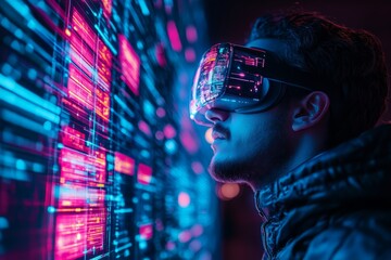 Aufkleber - Experience of virtual reality technology in a dark environment with glowing data visuals