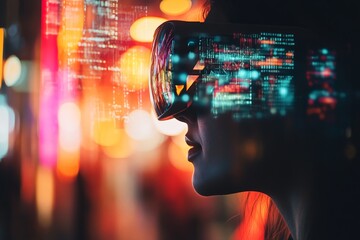 Aufkleber - Experience of virtual reality during a neon-lit night in an urban environment