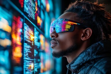 Poster - Man wearing illuminated glasses viewing digital screens in a modern environment at night