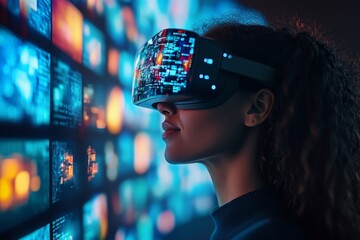 Poster - Exploring virtual reality technology in a modern, neon-lit environment during the evening hours