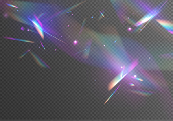 Fototapete - Ethereal Lens rainbow light streak transparent effect. Crystal Rainbow Light Effects. Overlay for backgrounds. Abstract refraction glow effect on black background.	