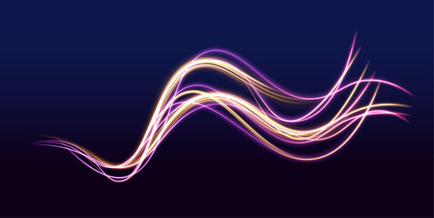 Fototapete - Car road silhouette with light and motion effect. Vector image of colorful light trails with motion blur effect, long time exposure isolated on background.