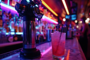 Poster - Vibrant cocktail bar scene with colorful lights and refreshing drink on counter