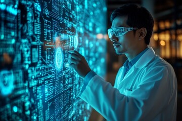 Leinwandbilder - Scientist analyzing digital data on a high-tech interface in a contemporary laboratory setting after hours