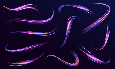 Fototapete - Speed connection vector background. A large set of low-poly designs made of thin lines in the form of branches, spirals and arcs. Long exposure of motorways as speed.	