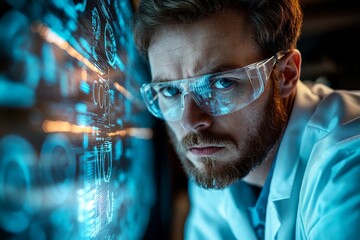 Leinwandbilder - Scientist analyzing data in a high-tech laboratory setting during evening hours while wearing protective eyewear
