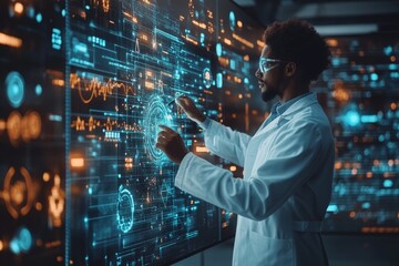 Aufkleber - Scientist interacts with holographic interface in high-tech research facility during evening hours