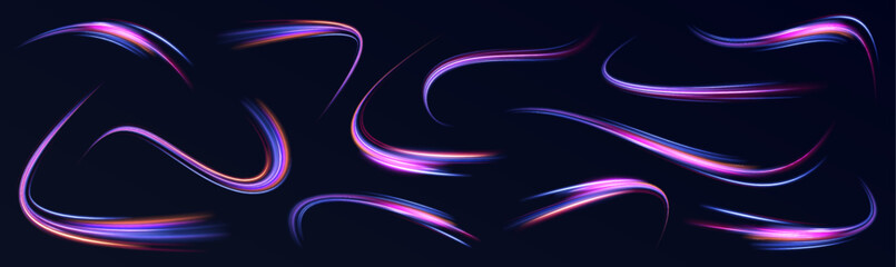Fototapete - High speed effect motion blur night lights blue and red. Futuristic neon light line trails. Futuristic, technology pattern for banner or poster design background concept.	