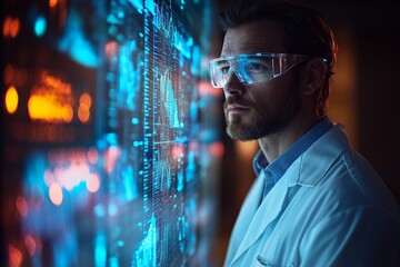 Aufkleber - Scientist analyzing complex data visualizations in a high-tech laboratory during nighttime