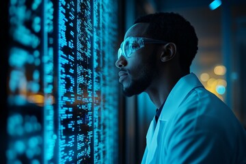 Leinwandbilder - Data analyst evaluates complex digital information in a high-tech laboratory during the evening hours
