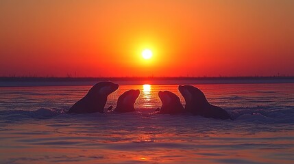 Wall Mural - Seals at sunset on icy water