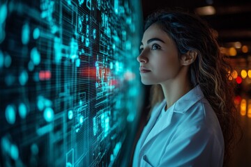 Leinwandbilder - Young scientist analyzes data display in a modern laboratory during a late-night research session