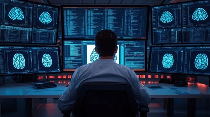 Poster - Advanced Data Analysis in a Modern Cyber Intelligence Control Room with Multiple Monitors Displaying Brain Graphics